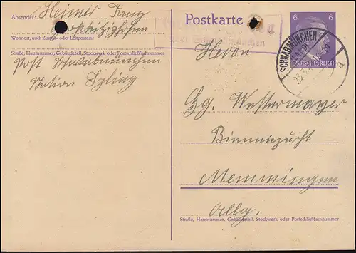 Landpost Großkitzinghofen über SCHWABMÜNCHEN 23.3.43 auf Postkarte P 299I