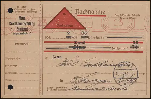 Absenderfreistempel Kraftfahrer-Zeitung NN-Karte Stuttgart 23.9.27 nach Speyer