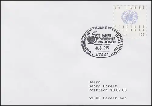 1804 Vereinte Nationen UNO 1995, EF FDC ESSt Moers 50 Jahre UNO 8.6.1995