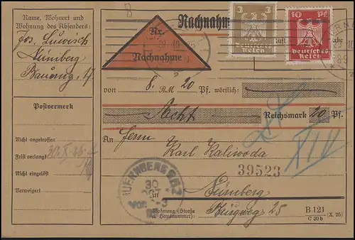 355+357 Reichsadler 3+10 Pf. MiF auf Orts-NN-Karte NÜRNBERG 29.10.26