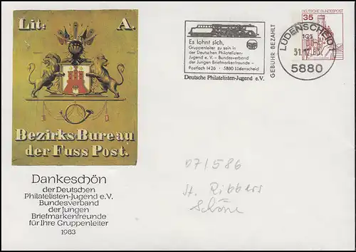 Privat-Umschlag Posthausschild Werbe-O Eisenbahn Lüdenscheid 31.12.83