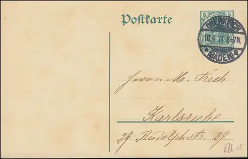 Carte postale P 89I Germania 5 Pf, Wz. 3, OBERKIRCH (BADE) 10.4.1911 vers Karlsruhe
