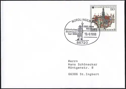 1965 Nördlingen, EF Brief SSt Nördlingen Historisches Stadtmauerfest 19.9.1998