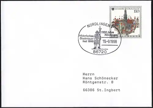 1965 Nördlingen, EF Lettre SSt Nördlingens Historique Fête des murs de la ville 19.9.1998