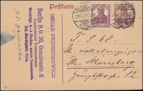 Carte postale P 116I avec 142 Germania 15 Pf. en tant que PK BERLIN SO 36 e - 29.8.1920