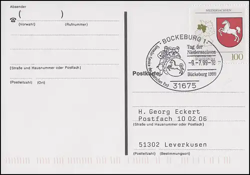 1662 Niedersachsen, EF Postkarte SSt Bückeburg Tag der Niedersachsen 9.7.1999