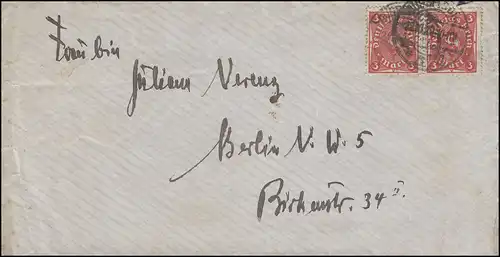 191 Posthorn als Paar MeF portogerechter Brief DÜSSELDORF 12.10.1922 nach Berlin