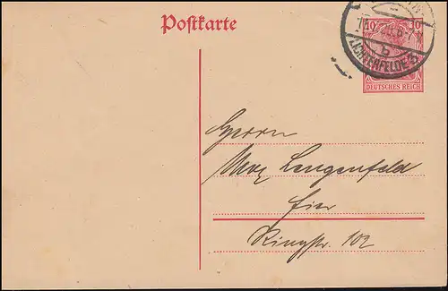 Carte postale P 107I Germania 10 Pf en tant que PK local BERLIN-LUMIÈREFELDE 3 b - 11.7.1920