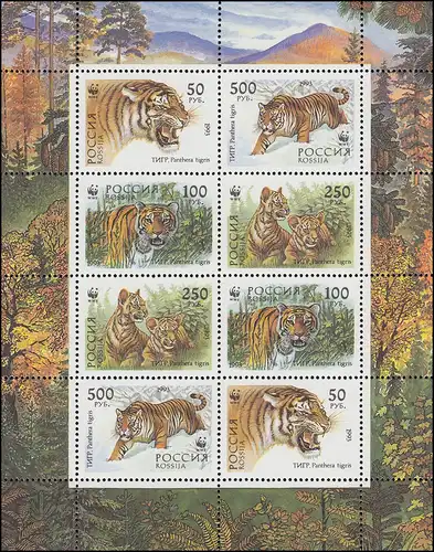 Rußland 343-346 Russische Fauna: Ussuri Tiger, ZD-Kleinbogen 1993, **