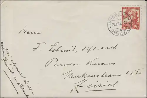 Schweiz 289 Frauentrachten 20 C Brief INNERAROSA (GRAUBÜNDEN) 29.12.35 n. Zürich