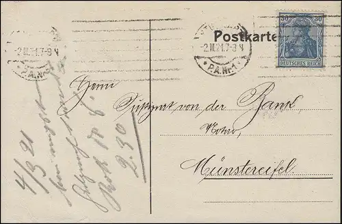 144 II Germania 30 Pf. Carte postale Banque hypothécaire STUTTGART 2.3.21 n. Münsterifell