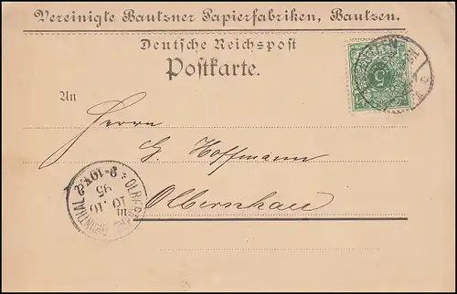 46 Ziffer 5 Pf. als EF auf Postkarte Bautzner Ppierfabriken BAUTZEN 9.10.1895