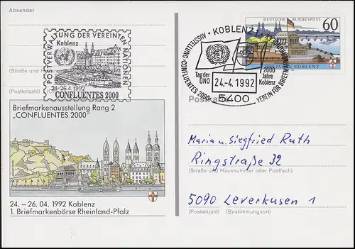 PSo 26 Börse Koblenz, SSt Koblenz 2000 Jahre & Tag der UNO 24.4.1992 UNO-Stempel