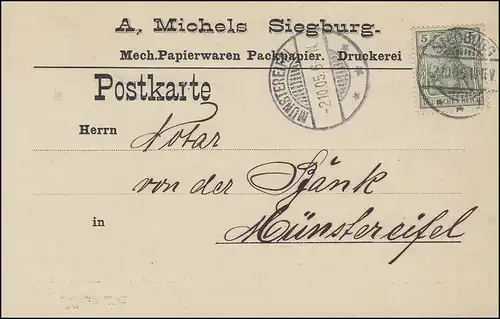 Germania 5 Pf. EF Postkarte Papierwaren Michels SIEGBURG 2.10.05 n. Münstereifel