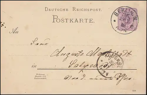 Postkarte P 18I Ziffer 5 Pf. mit DV 288 von BERLIN 35 c - 29.7.88 nach Salzwedel