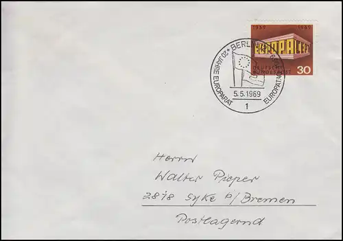 584 Europa & CEPT, EF Brief SSt Berlin 20 Jahre Europarat & Europatag 5.5.1969