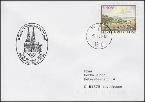Österreich: EUROPA Entdeckungen, EF Brief Wien 3.11.94 & Köln Philatelia-Stempel