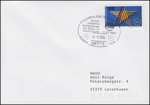 1644 Marché intérieur européen EF Bf SSt Schwalbach Suppression des contrôles aux frontières 16.9.94