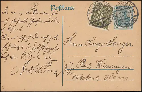 Postkarte P 120AI Germania 30 Pf. mit Zusatzfrankatur BERLIN C 25 g - 5.7.1921