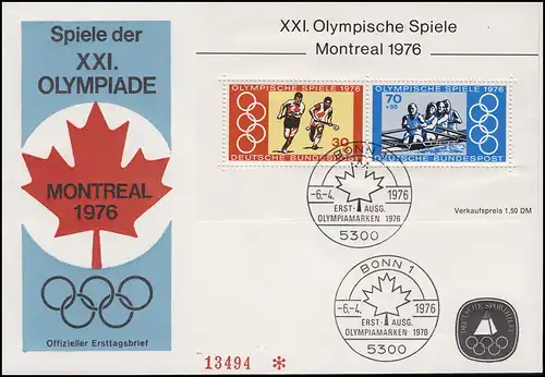 Block 12 Olympia Montreal 1976 - auf Schmuck-FDC ESSt Bonn Ahornblatt 6.4.1976