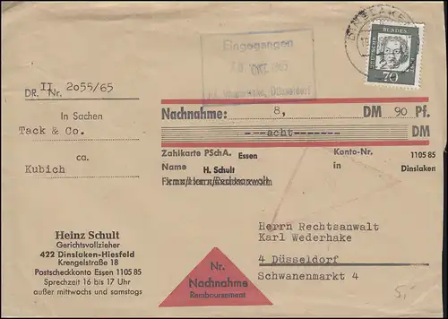360y Beethoven 70 Pf als EF Nachnahme-Brief DINSLAKEN 19.10.1965 nach Düsseldorf