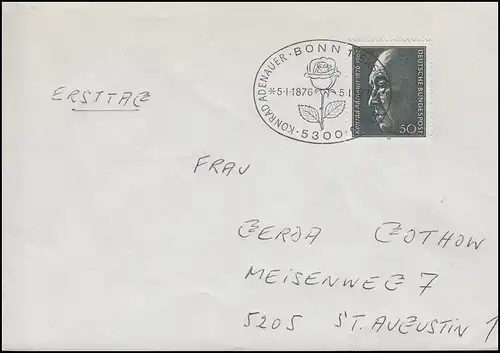 876 Konrad Adenauer, EF FDC ESSst Bonn Rose & Premier jour de décès 5.1.1976