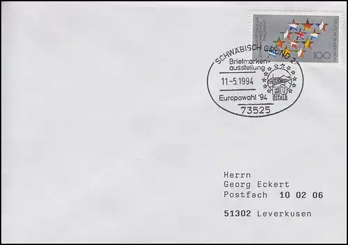 1724 Europa-Wahl, EF Brief SSt Schwäbisch Gmünd EU OSTALB & Europawahl 11.5.1994