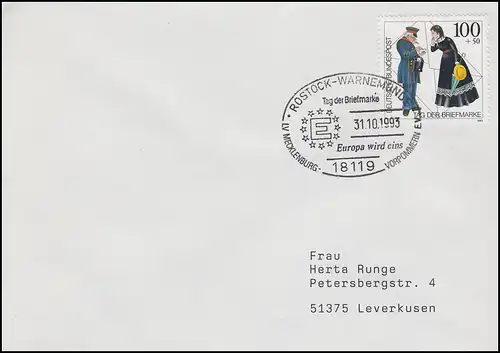 1692 Tag der Briefmarke & Postbote, EF Bf SSt Rostock-Warnemünde EUROPA 31.10.93
