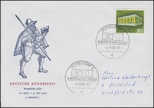 583 Europa & CEPT, EF Brief SSt Düsseldorf Europäischer Salon 4.5.1969