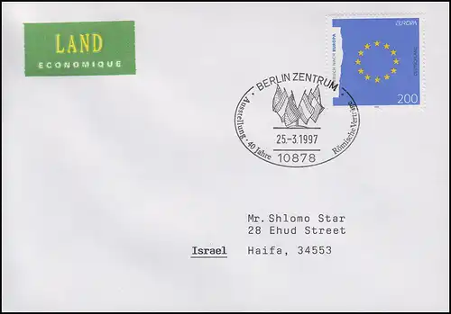 1791 Europa-Fahne, Bf SSt Berlin 40 Jahre Römische Verträge 25.3.97 nach Israel