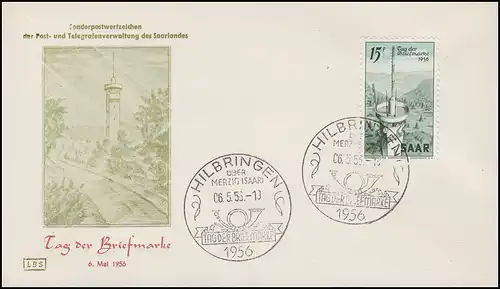 369 Tag der Briefmarke auf Schmuck-FDC ESSt HILBRINGEN über Merzig T.d.B. 6.5.56