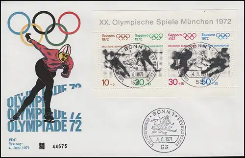 Block 6 Winterolympiade 1972 - auf Schmuck-FDC ESSt Bonn Abfahrtslauf 4.6.1971