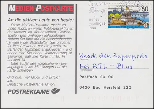 1583y Koblenz Medien-Postkarte LEVERKUSEN 31.1.1992 zu RTL-Plus n. Bad Hersfeld