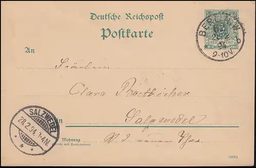 Postkarte P 30I Ziffer 5 Pf DV 1293 b, BERLIN W 94 b 28.2.1894 n.SALZWEDEL 28.2.
