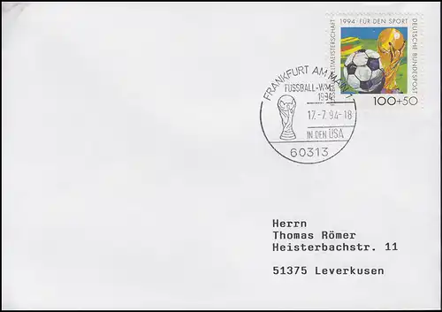 1718 Fußball & FIFA-Pokal, Bf SSt Frankfurt Fußball-WM 1994 in den USA 17.7.1994