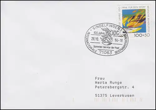 1719 Flamme olympique, EF Lettre SSt Sindelfingen 100 ans IOC 28.10.1994