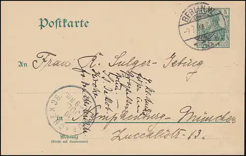 Postkarte P 58X Germania 5 Pf mit WZ. 2, BERLIN W 35 b - 9.7.1902 nach München