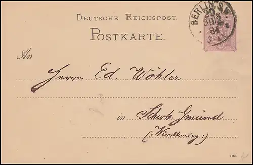 Postkarte P 12/02A Ziffer 5 Pfennig DV 1184, BERLIN SW 29 - 31.12.1884