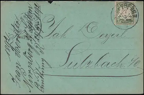 Bayern Wappen 5 Pf EF Postkarte NÜRNBERG II. - 27.9.92 nach SULZBACH 28.9.