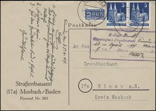 Bauten 5 Pf MeF Postkarte Straßenbauamt Mosbach/Baden NECKARELZ 22.4.49 n. Binau