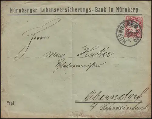 Bayern 10 Pf. Wappen EF Lebensversicherungs-Bank NÜRNBEG 28.4.08 nach Oberndorf