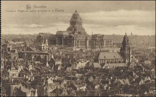 Belgien Ansichtskarte Brüssel: Panorama mit Justizpalast und Kirche, 26.9.1916