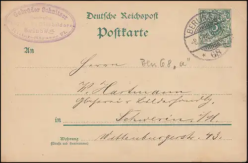 Postkarte P 36I Ziffer ohne DV mit Wz.2, BERLIN 68 a - 8.1.1900 nach Schwerin