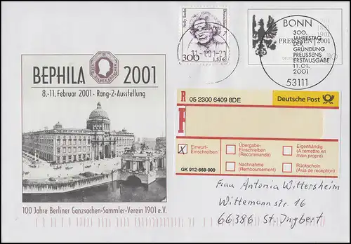 USo 23 BEPHILA 2001 & 300 Jahre Preußen, MiF R-FDC ESSt Bonn Preußen 11.1.2001