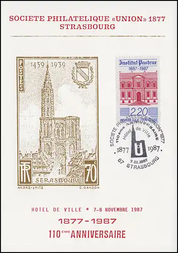 Frankreich Philatelistische Gesellschaft 1877, Karte SSt STRASBOURG 7.11.1987