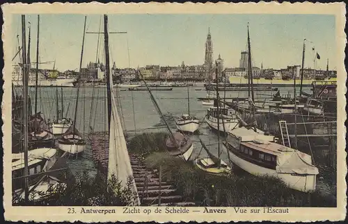 Belgien Ansichtskarte Antwerpen: Zicht op de Schelde / Hafenansicht, gelaufen