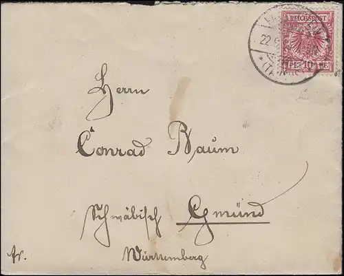47 Couronne/Aigle 10 Pf comme EF sur lettre FALKENSTEIN (TAUNUS) 22.9.1894 après Günd