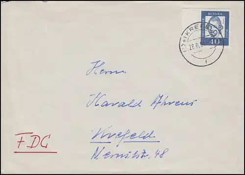 355x Lessing 40 Pf als Randstück EF auf Orts-FDC KREFELD 28.6.61 