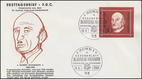 556 Robert Schuman aus Block 4, EF aufSchmuck-FDC ESSt BONN 19.4.1968