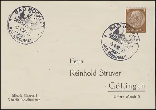 Sonderstempel BAD BOCKLET über BAD KISSINGEN Biedermeierbad 8.4.38 EF Drucksache